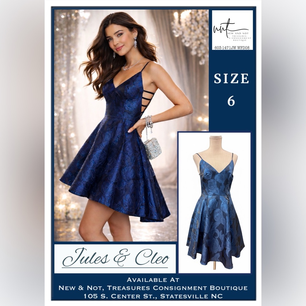 Jules & Cleo David’s Bridal Blue Jacquard Mini Dress Size 6 Pockets Prom Formal